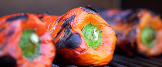 up close shot of roasted red peppers
