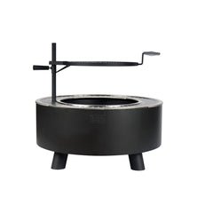 Front view of black fire pit with elevated cooking grate