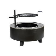 Front view of black fire pit with elevated cooking grate
