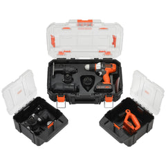 drill, attachments and storage box