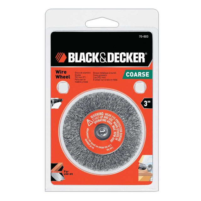 BLACK and DECKER 1/4-Inch Crimped, Coarse Shank, 3-Inch Wire Wheel in packaging