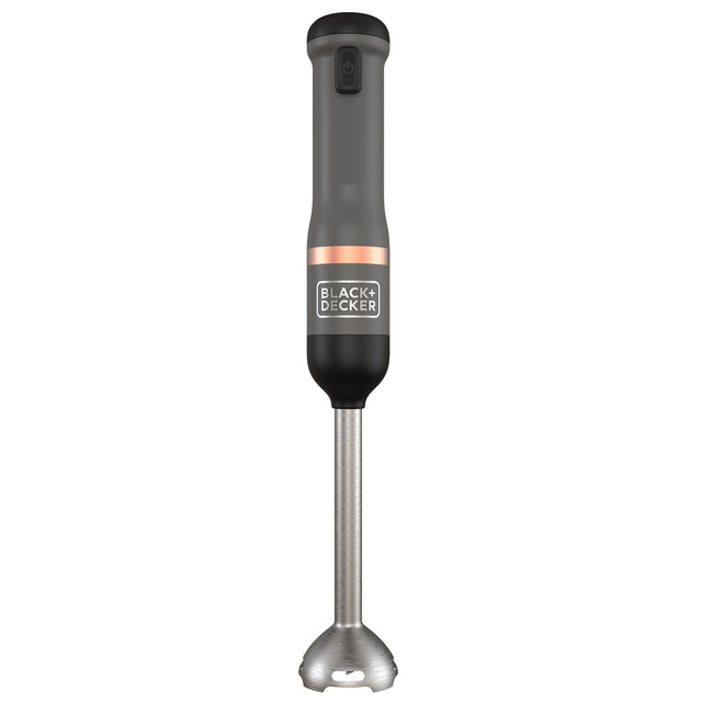 Front view of the grey, BLACK+DECKER kitchen wand with immersion blender attached