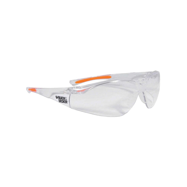 Profile of full wraparound eyewear with rubber temple grips.