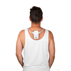 front view of comfortpak™ corldess wearable cooling + heating device in a cloud white lanyard