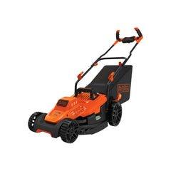 Profile of 10 Ampere 15 inch electric lawn mower with comfort grip handle.