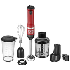 Front view of BLACK+DECKER kitchen wand 3in1 Cordless Kitchen multi-tool kit in red featuring immersion blender, whisk and food chopper atachments