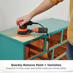 Right angle view of BLACK+DECKER Random Orbit Sander, 5-Inch, 2.4-Amp on white background