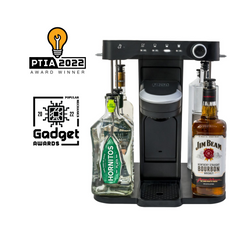 front facing beauty of bev by BLACK+DECKER(TM) cocktail maker with Jim Beam brand liquor bottles and an old fashioned cocktail