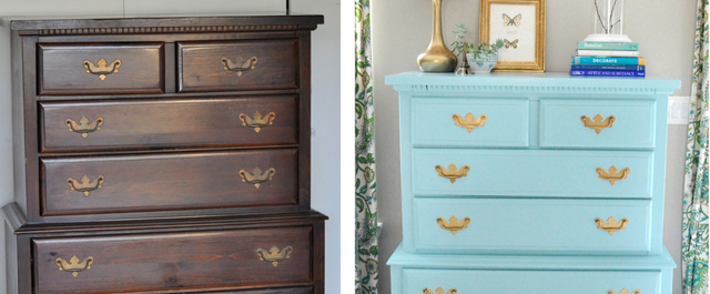Before and after photo of a refurbished dresser