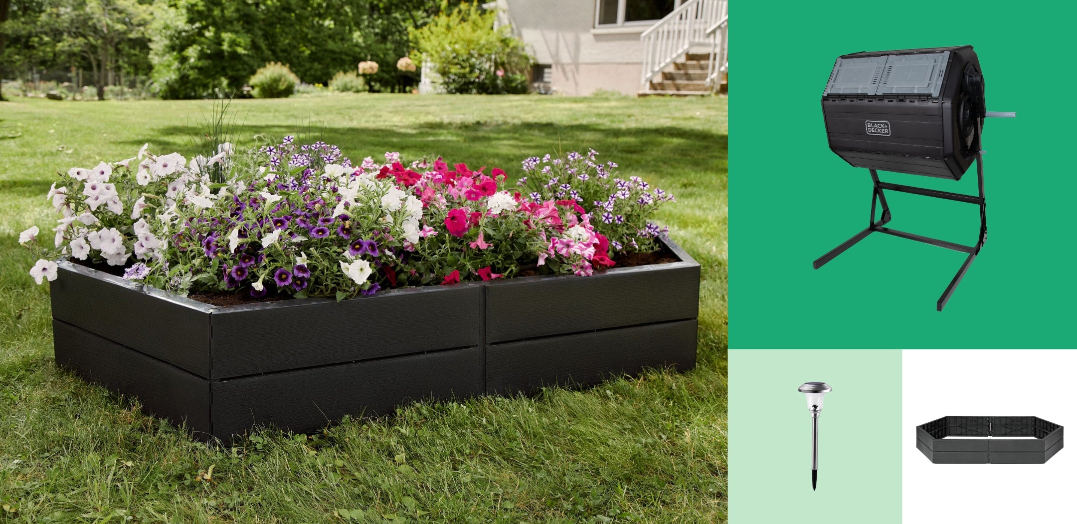 BLACK+DECKER raised garden bed on a lawn and filled with lush growing flowers.