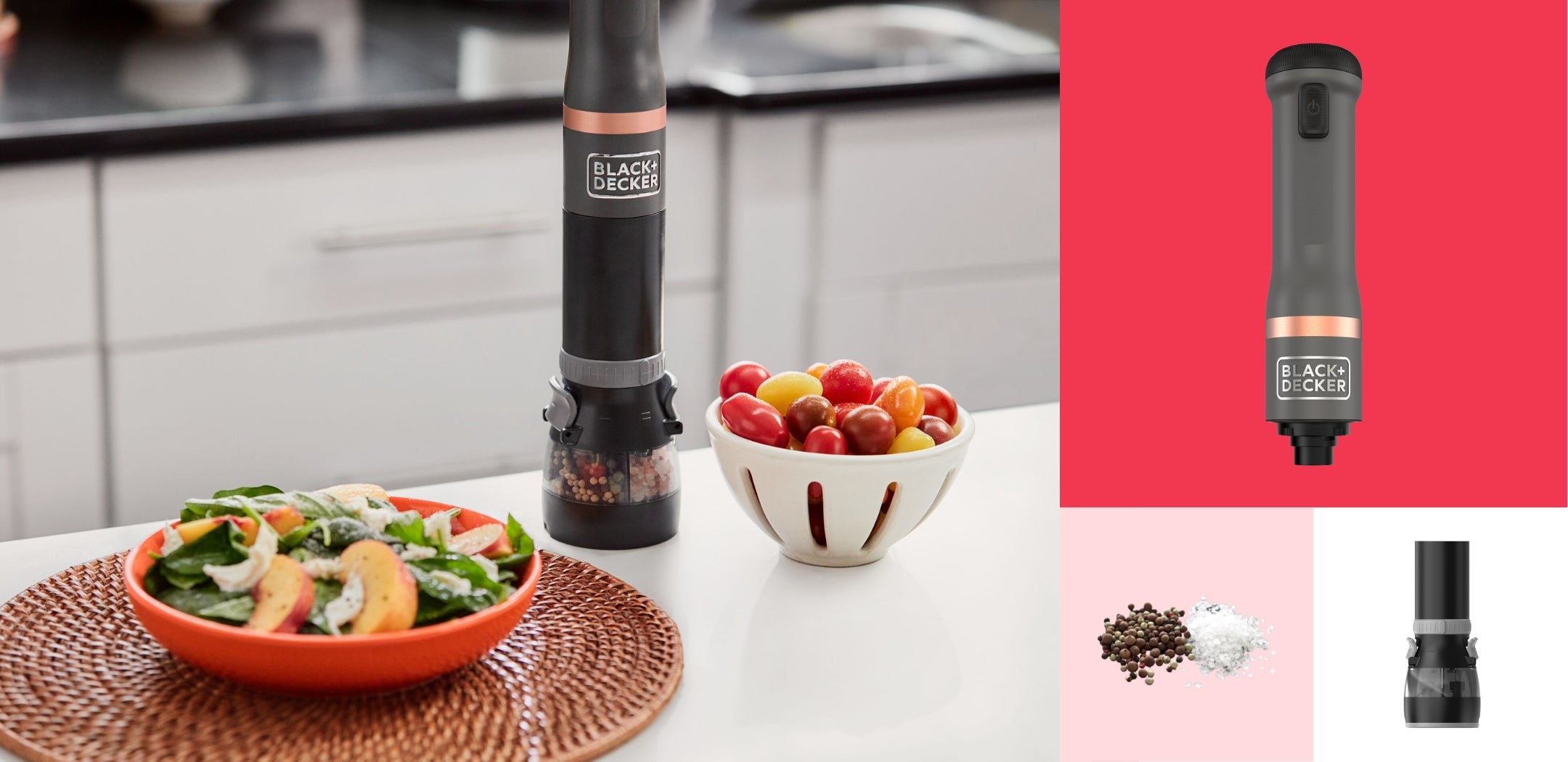 BLACK+DECKER kitchen wand in grey with spice grinder attachment shown adjacent to plated salad and fruit