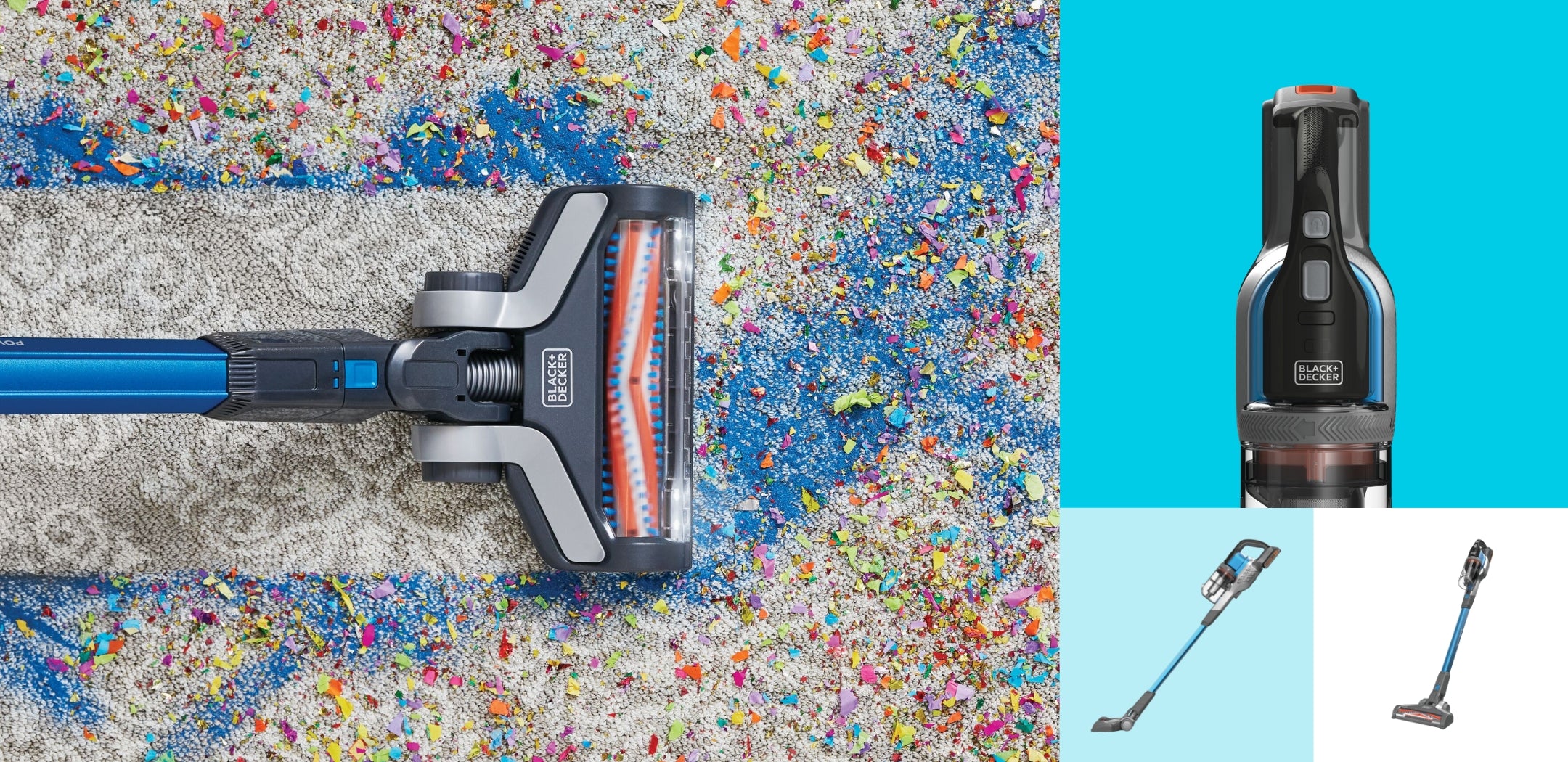 BLACK+DECKER Powerseries stick vacuum cleaning blue confetti off a rug.