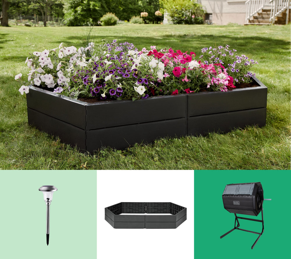 BLACK+DECKER raised garden bed on a lawn and filled with lush growing flowers.