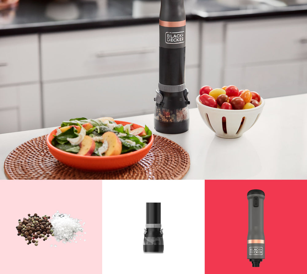 BLACK+DECKER kitchen wand in grey with spice grinder attachment shown adjacent to plated salad and fruit