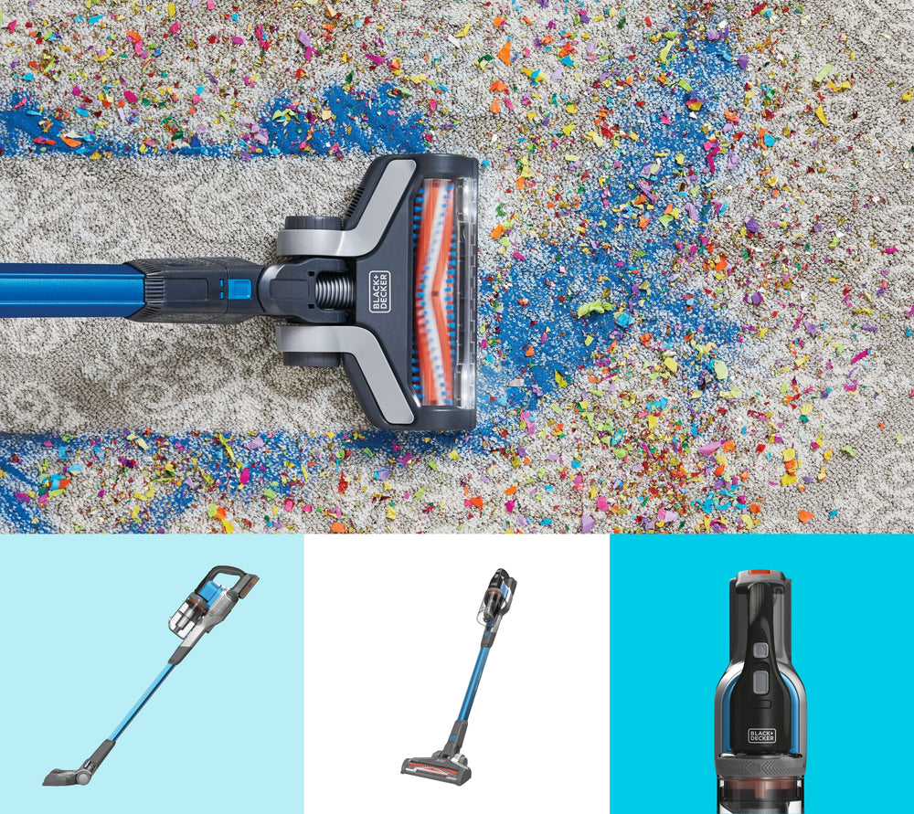 BLACK+DECKER Powerseries stick vacuum cleaning blue confetti off a rug.