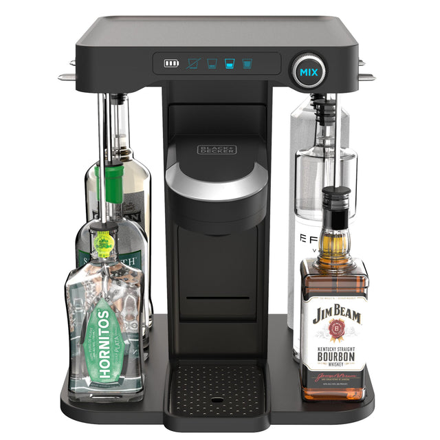 overhead view of bev by BLACK+DECKER(TM) cordless cocktail maker with Jim Beam brand liquor bottles