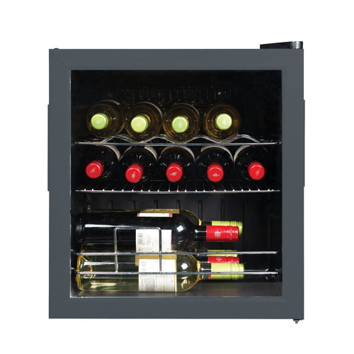 Front view of wine cooler with glass front showing wine bottles