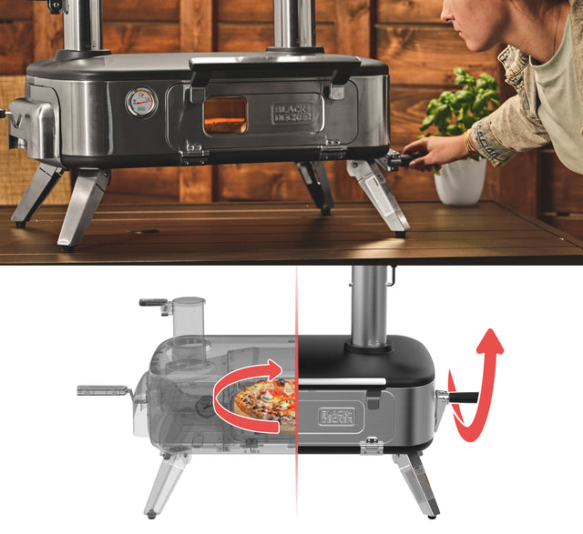 Blak and decker pizza oven featuring a rotating handle