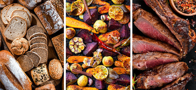 Close up images of baked bread, grilled veggies and cooked steak