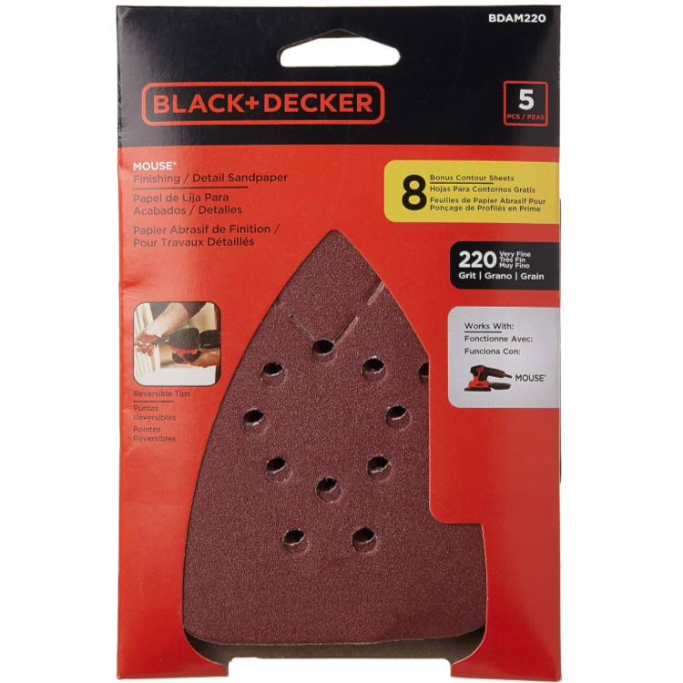 BLACK+DECKER BDAMM220 220G Mega Mouse Sandpaper – 5-Pack, Aluminum Oxide, Dust Collection Holes, For Mega Mouse Sanders