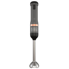 Front view of the grey, BLACK+DECKER kitchen wand with immersion blender attached