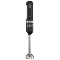 Front view of the black, BLACK+DECKER kitchen wand with immersion blender attached