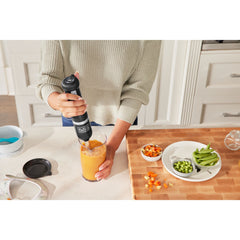 Front view of the black, BLACK+DECKER kitchen wand with immersion blender attached