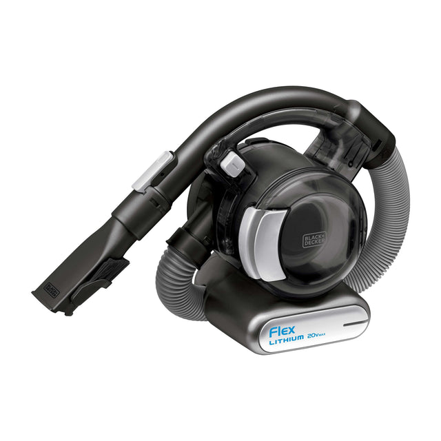 Profile of dustbuster flex cordless hand vacuum with floor head and pet hair brush.