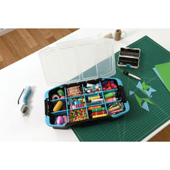 19" stackable storage organizer with clear lid.
