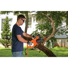 Profile of 8 amp 14 inch electric chainsaw.