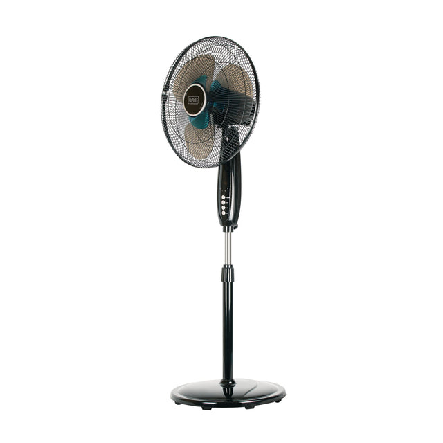 Profile of 16 inch dual blade stand fan with remote black.