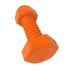 Side view of 6.5" Orange, Black and Decker Bolt Hard Rubber Bone Squeaker"