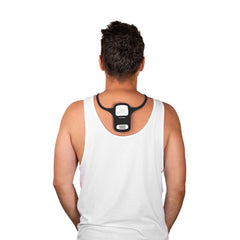 front view of comfortpak™ corldess wearable cooling + heating device in an obsidian black lanyard