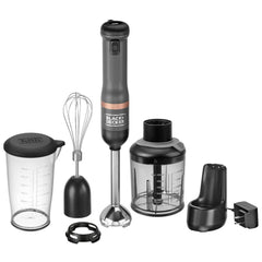 Front view of BLACK+DECKER kitchen wand 3in1 Cordless Kitchen multi-tool kit in grey featuring immersion blender, whisk and food chopper attachments