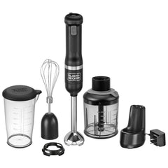 Front view of BLACK+DECKER kitchen wand 3in1 Cordless Kitchen multi-tool kit in black featuring immersion blender, whisk and food chopper atachments