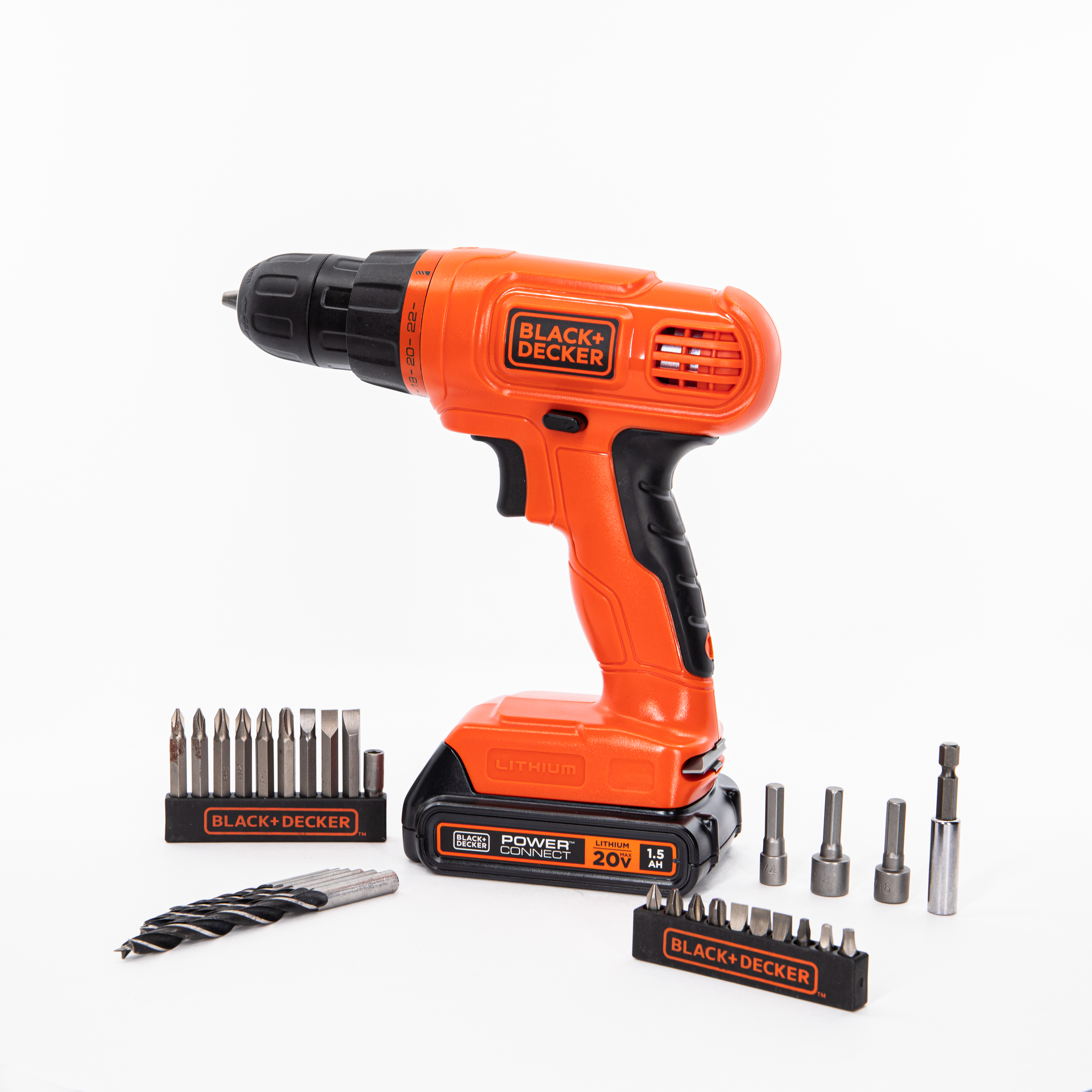 BLACK+DECKER 20V MAX* POWERCONNECT Cordless Drill Kit + 100 pc. Kit  (BDC120VA100), Orange