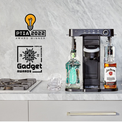 front facing beauty of bev by BLACK+DECKER(TM) cocktail maker with Jim Beam brand liquor bottles and an old fashioned cocktail